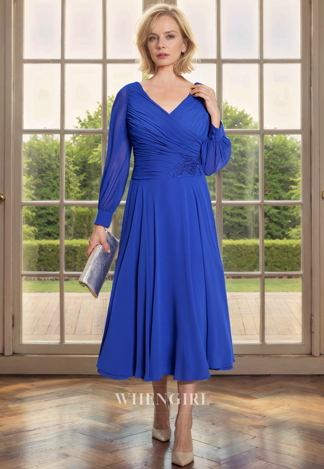 A-Line V Neck Long Sleeves Pleated Appliques Tea Length Chiffon Mother of Bride Dress
