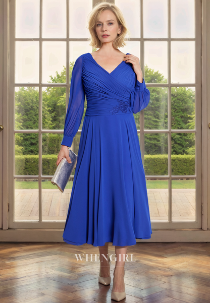 A-Line V Neck Long Sleeves Pleated Appliques Tea Length Chiffon Mother of Bride Dress