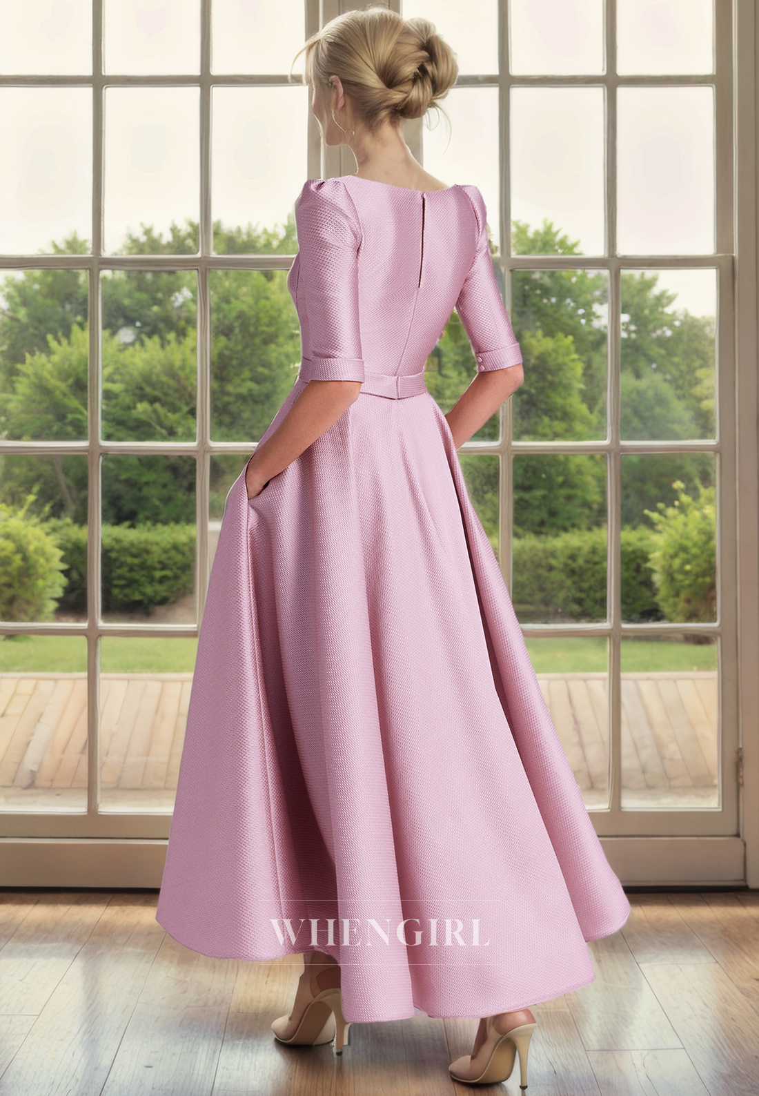 A-Line V Neck Half Sleeves Back Zipper Tea Length Satin Mother of Bride Dress