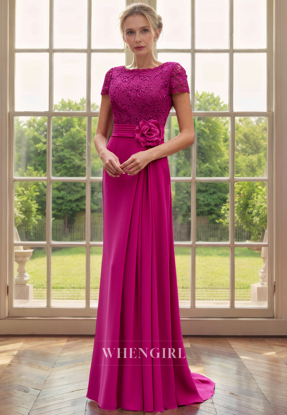 Sheath Scoop Neck Short Sleeves Lace Appliques Back Zipper Mother of Bride Dress with Flower
