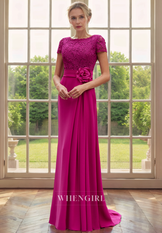 Sheath Scoop Neck Short Sleeves Lace Appliques Back Zipper Mother of Bride Dress with Flower