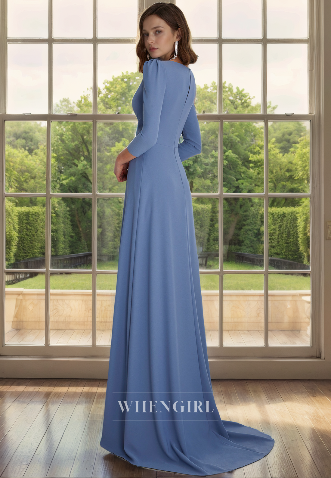 A-Line Scoop Neck 34 Length Sleeves Pleated Back Zipper Mother of Bride Dress with Train