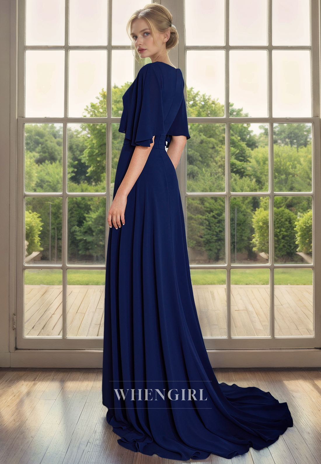 A-Line V Neck Half Sleeves Back Zipper Chiffon Mother of Bride Dress with Slit
