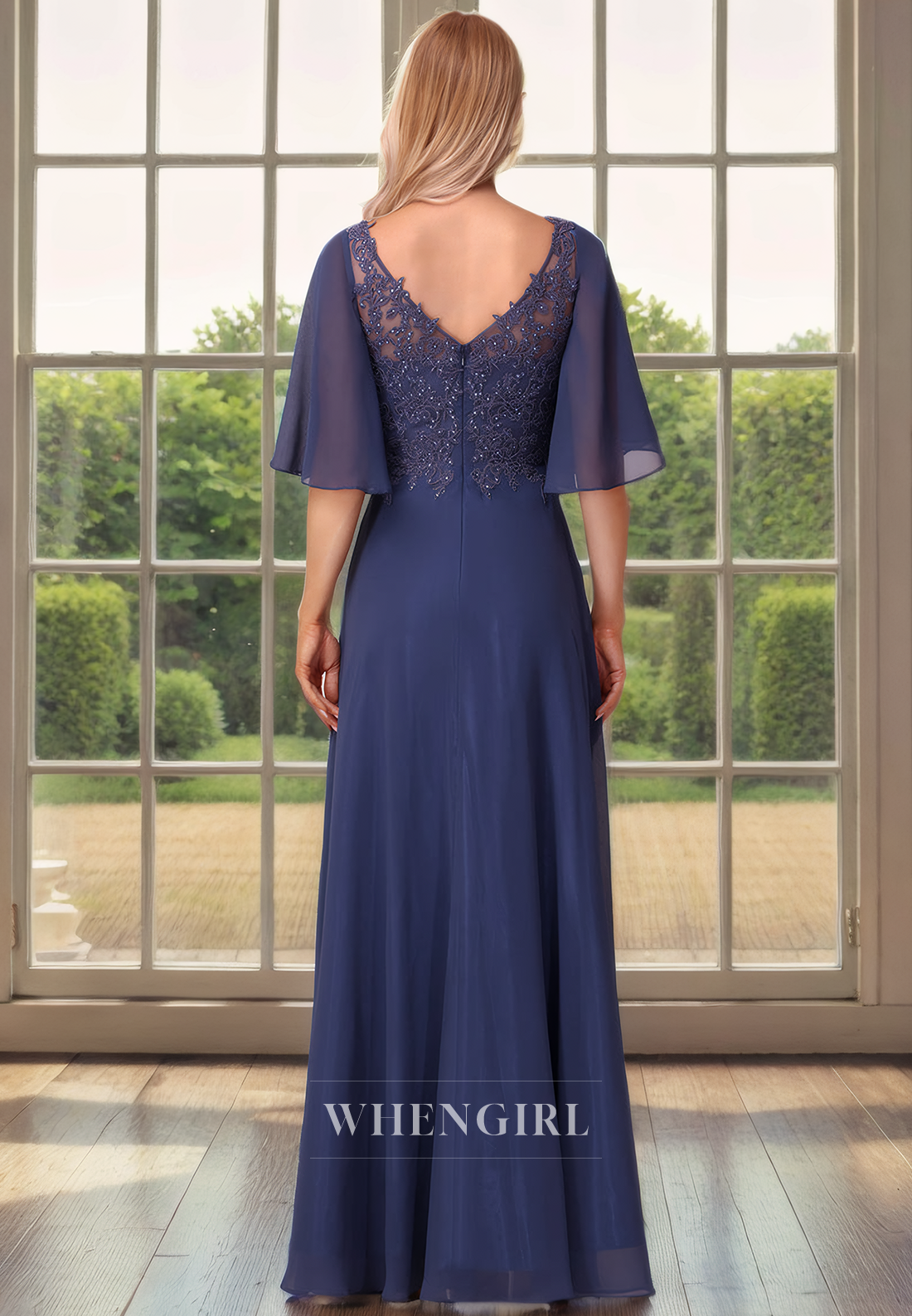 A-Line V Neck Half Sleeves Appliques Beaded Back Zipper Chiffon Mother of Bride Dress