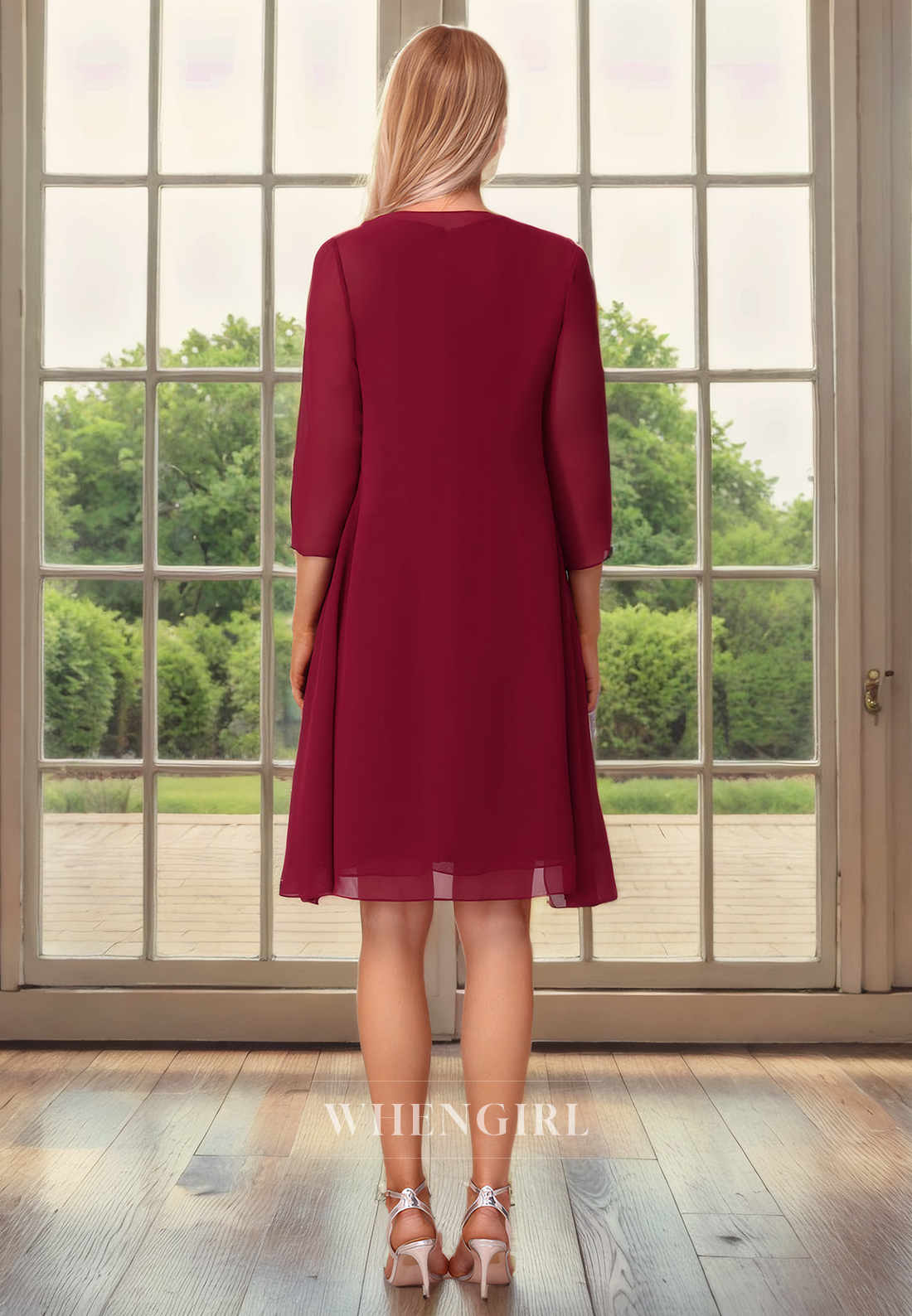 A-Line Two Piece High Scoo Neck 34 Length Sleeves Back Zipper Knee Length Mother of Bride Dress