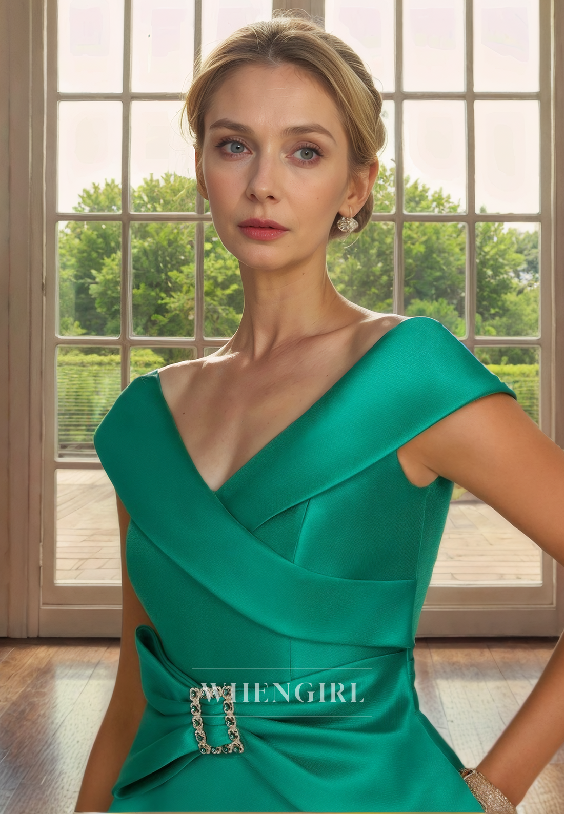 A-Line V Neck Off SHoulder Sleeveless Satin Pleated Tea Length Mother of Bride Dress