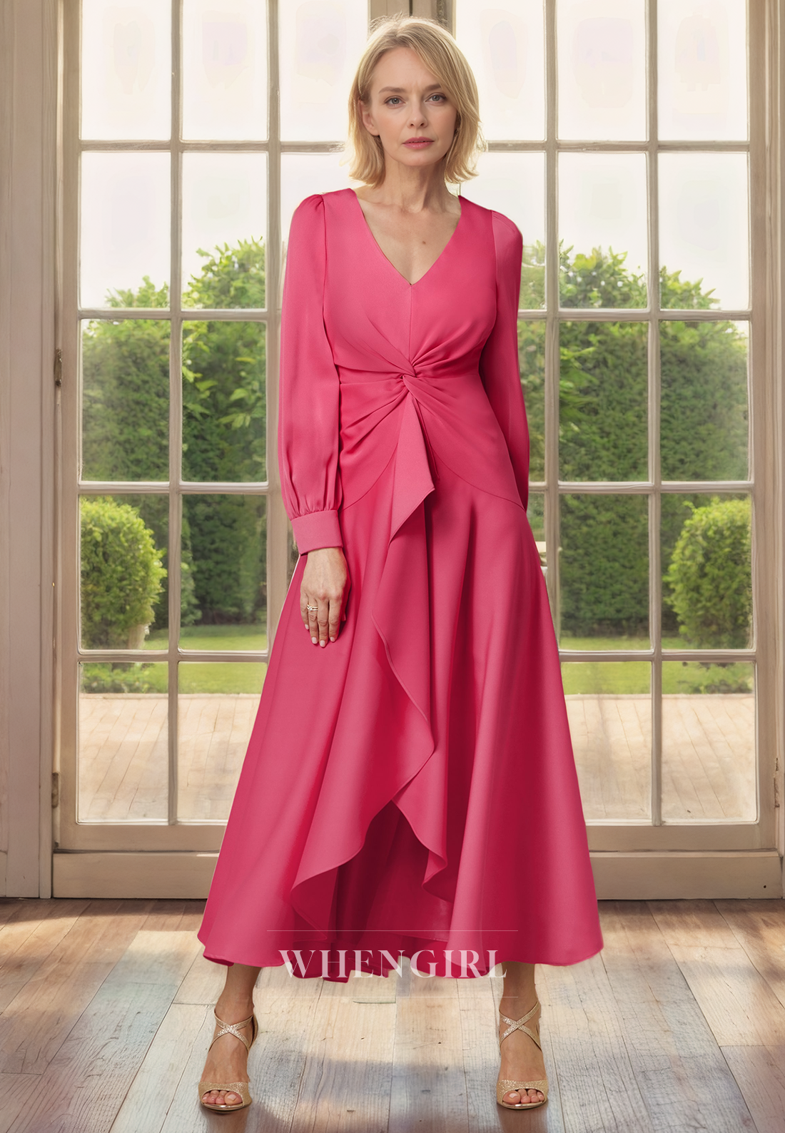 A-Line V Neck Long Sleeves Pleated Tea Length Mother of Bride Dress