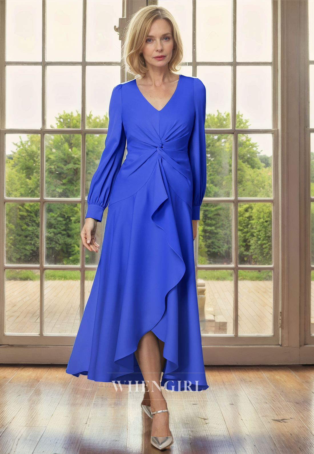 A-Line V Neck Long Sleeves Pleated Tea Length Mother of Bride Dress