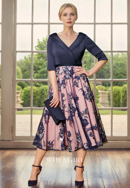 A-Line V Neck Half Sleeves Lace Appliques Tea Length Mother of Bride Dress