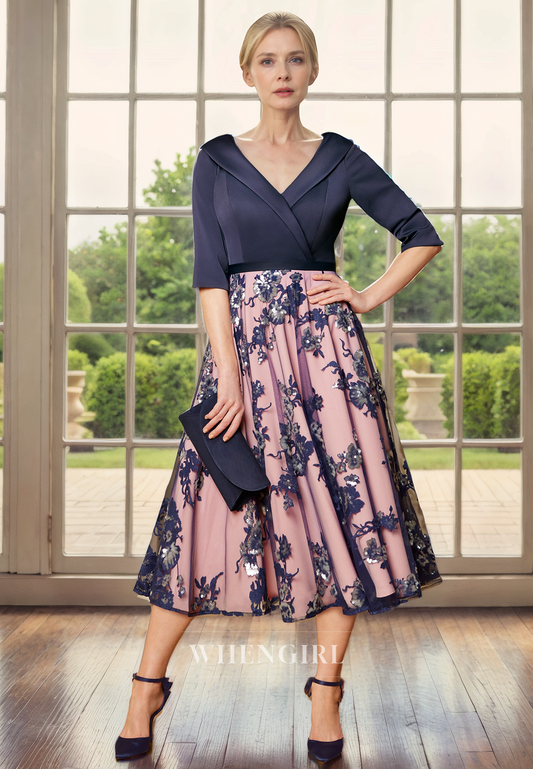 A-Line V Neck Half Sleeves Lace Appliques Tea Length Mother of Bride Dress
