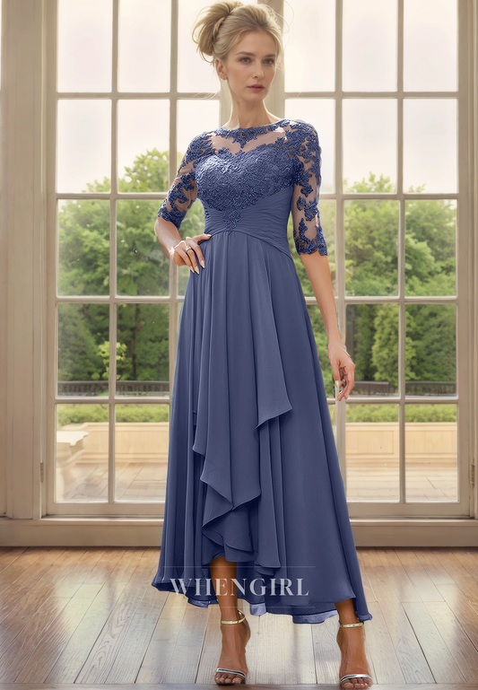 A-Line Scoop Neck Half Sleeves Lace Appliques Ruffles Chiffon Mother of Bride Dress