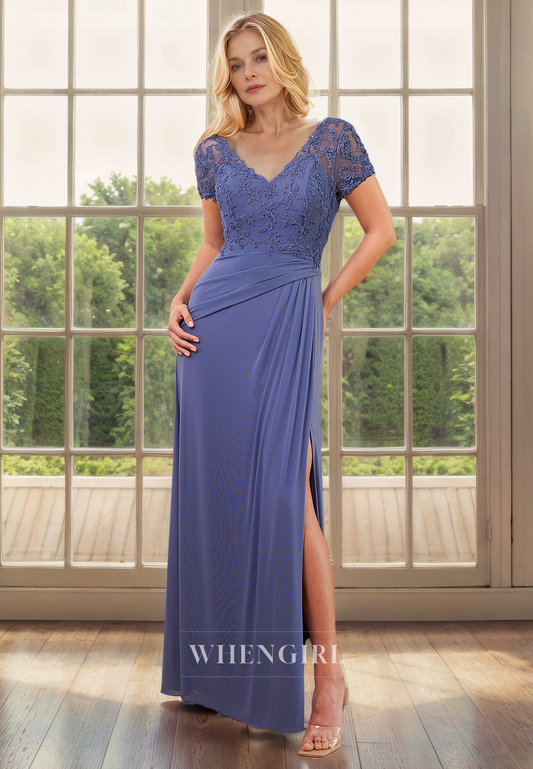 Sheath V Neck Half Sleeves Lace Appliuqes Pleated Chiffon Mother of Bride Dress