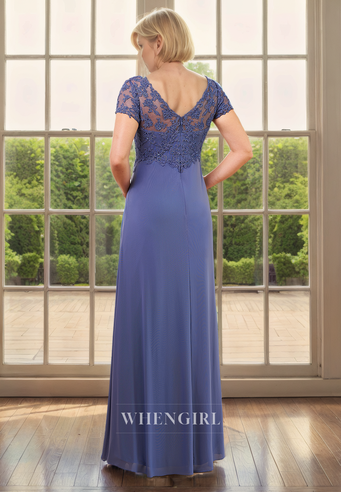 Sheath V Neck Half Sleeves Lace Appliuqes Pleated Chiffon Mother of Bride Dress