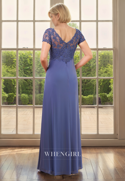 Sheath V Neck Half Sleeves Lace Appliuqes Pleated Chiffon Mother of Bride Dress