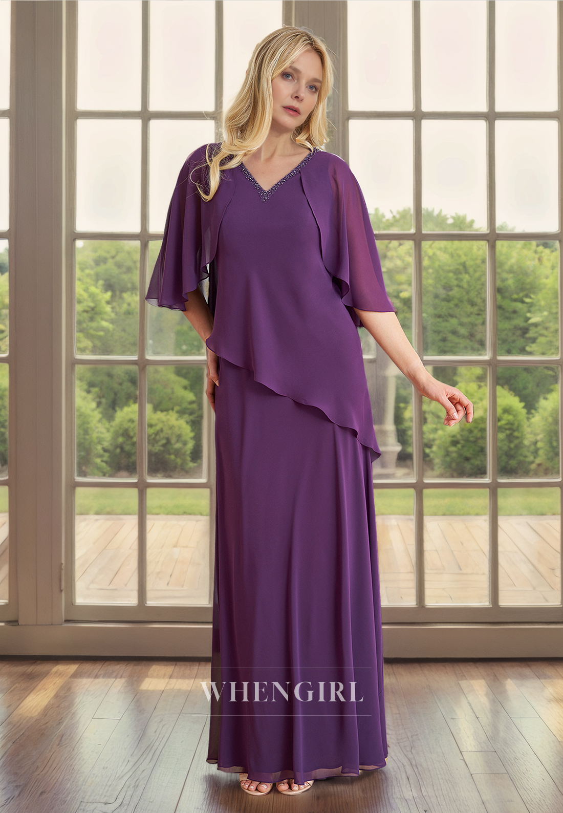Column V Neck Half Sleeves Ruffles Back Zipper Chiffon Mother of Bride Dress