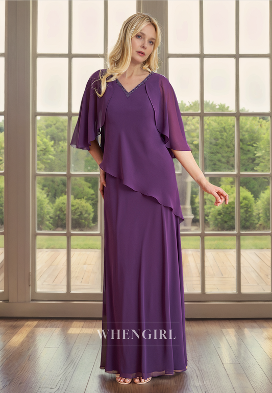 Column V Neck Half Sleeves Ruffles Back Zipper Chiffon Mother of Bride Dress