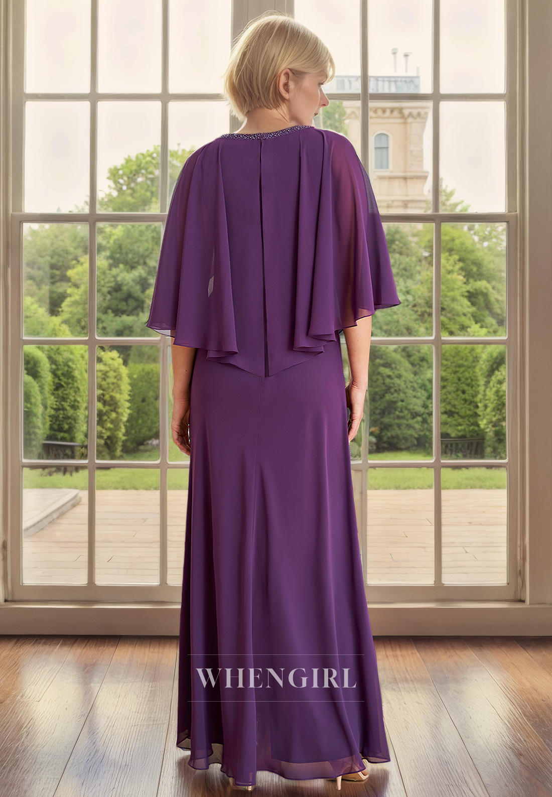 Column V Neck Half Sleeves Ruffles Back Zipper Chiffon Mother of Bride Dress