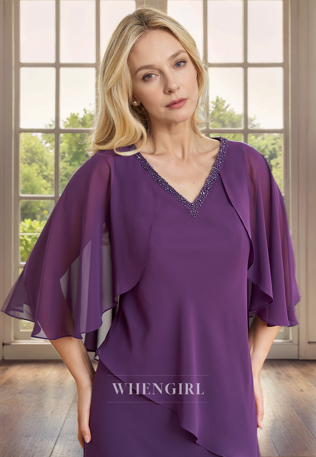 Column V Neck Half Sleeves Ruffles Back Zipper Chiffon Mother of Bride Dress