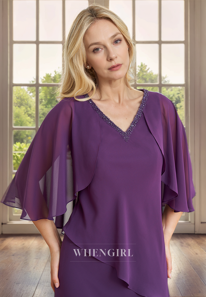Column V Neck Half Sleeves Ruffles Back Zipper Chiffon Mother of Bride Dress