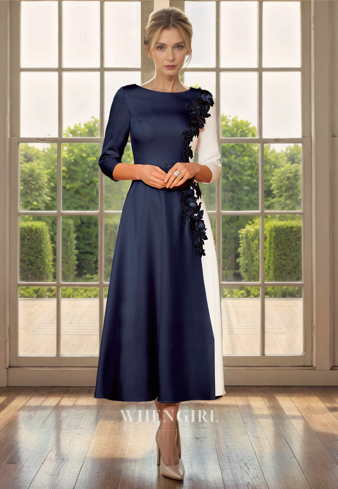 A-Line Scoop Neck 34 Length Sleeves Appliques Tea Length Mother of Bride Dress