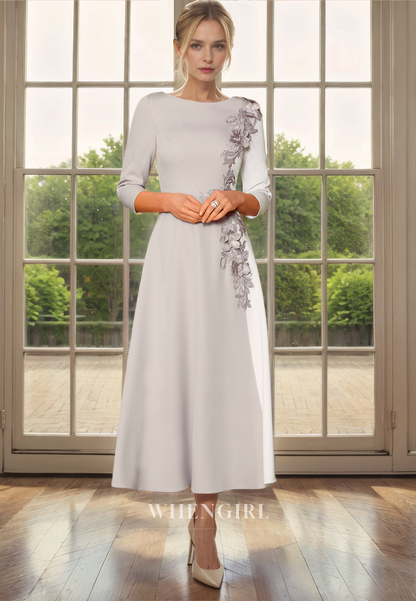 A-Line Scoop Neck 34 Length Sleeves Appliques Tea Length Mother of Bride Dress