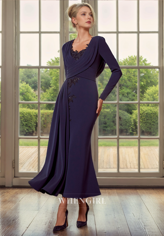 Column Round Neck Long Sleeves Pleated Appliques Back Zipper Tea Length Chiffon Mother of Bride Dress