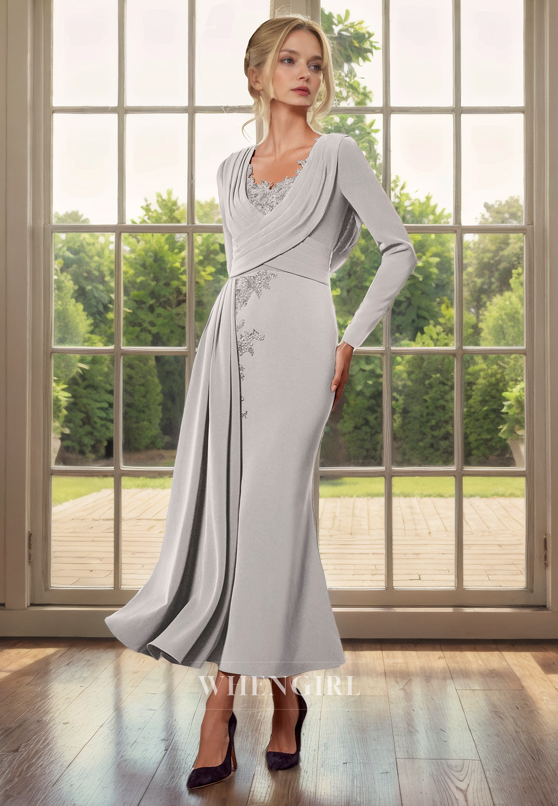 Column Round Neck Long Sleeves Pleated Appliques Back Zipper Tea Length Chiffon Mother of Bride Dress