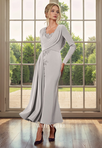 Column Round Neck Long Sleeves Pleated Appliques Back Zipper Tea Length Chiffon Mother of Bride Dress