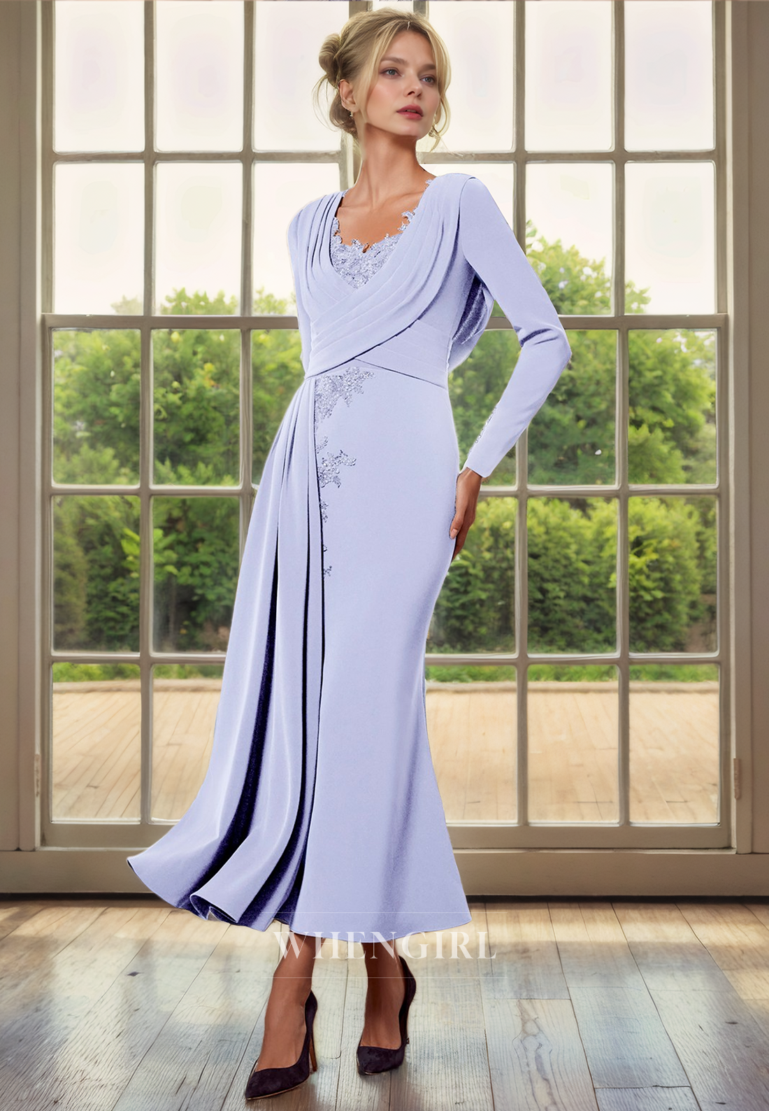 Column Round Neck Long Sleeves Pleated Appliques Back Zipper Tea Length Chiffon Mother of Bride Dress