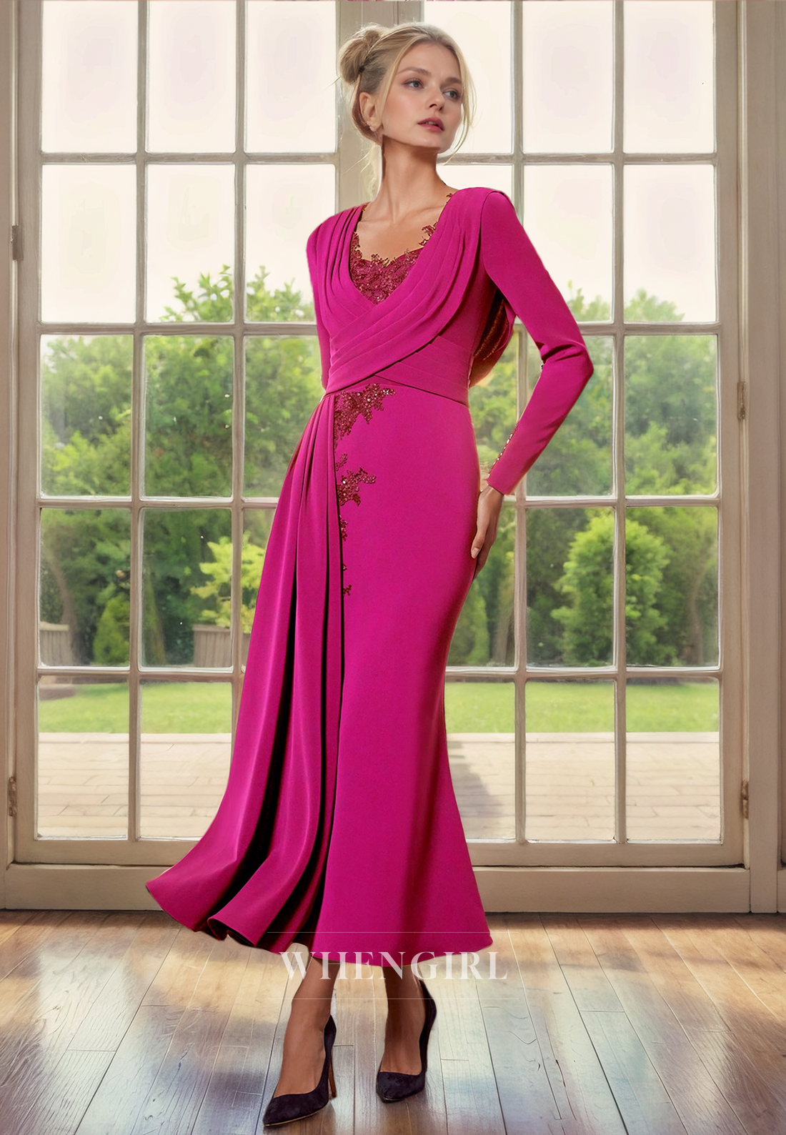 Column Round Neck Long Sleeves Pleated Appliques Back Zipper Tea Length Chiffon Mother of Bride Dress