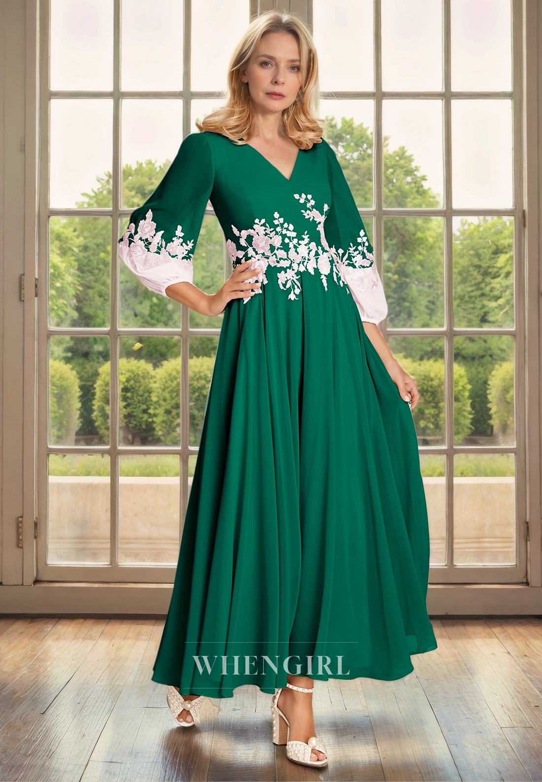 A-Line V Neck 34 Length Sleeves Appliques Tea Length Chiffo Mother of Bride Dress