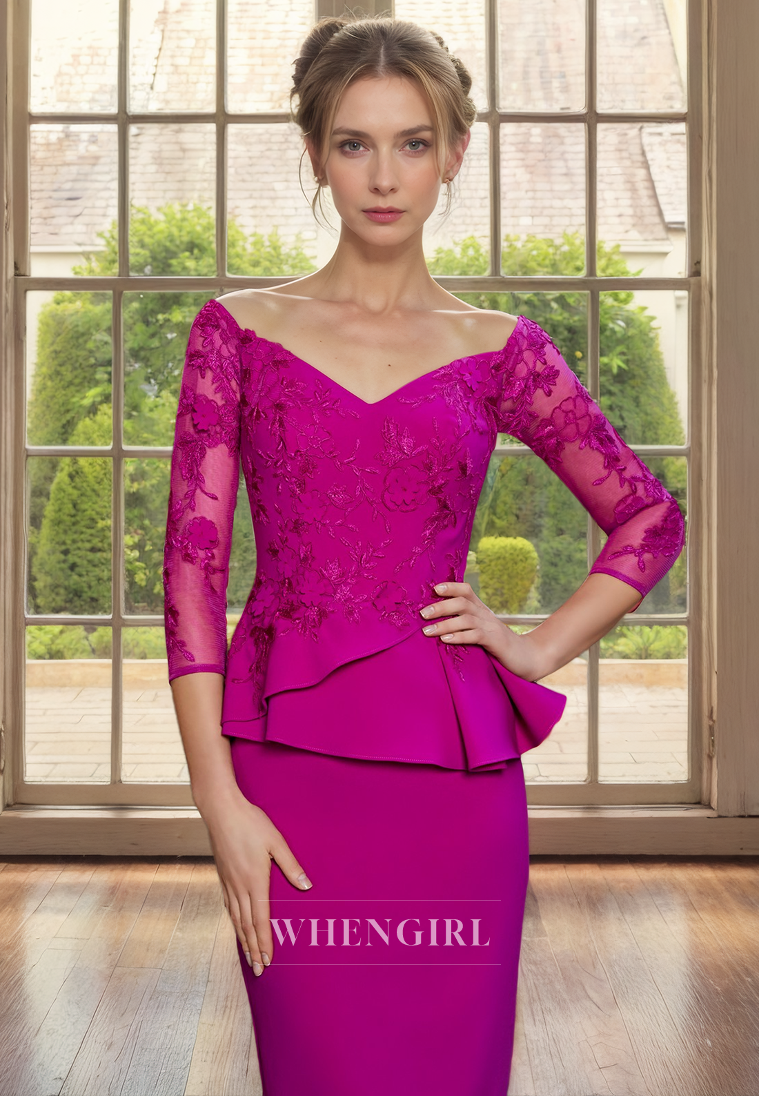 Sheath Off Shoulder 34 Length Sleeves Lace Appliques Ruffles Knee Length Mother of Bride Dress