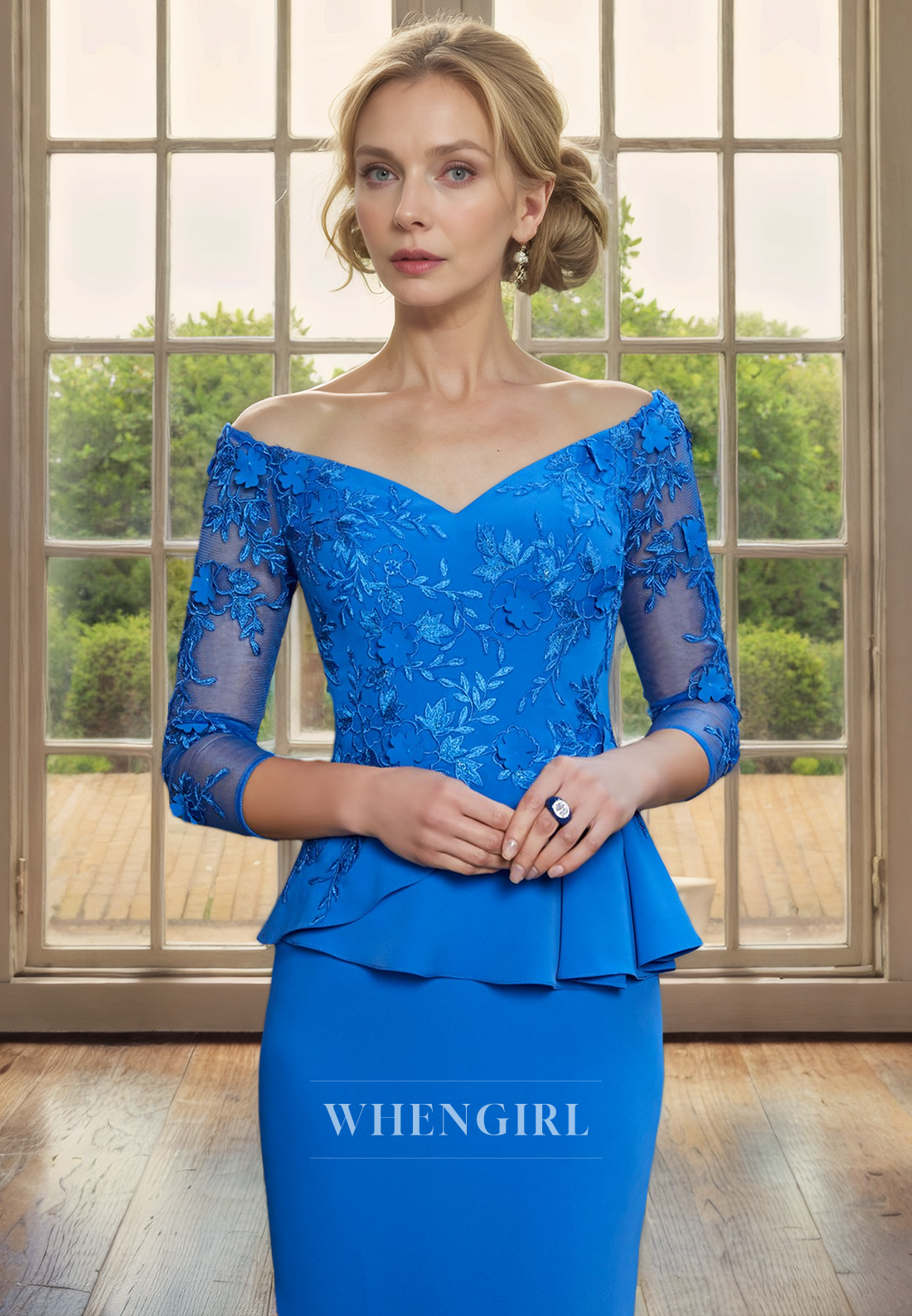 Sheath Off Shoulder 34 Length Sleeves Lace Appliques Ruffles Knee Length Mother of Bride Dress