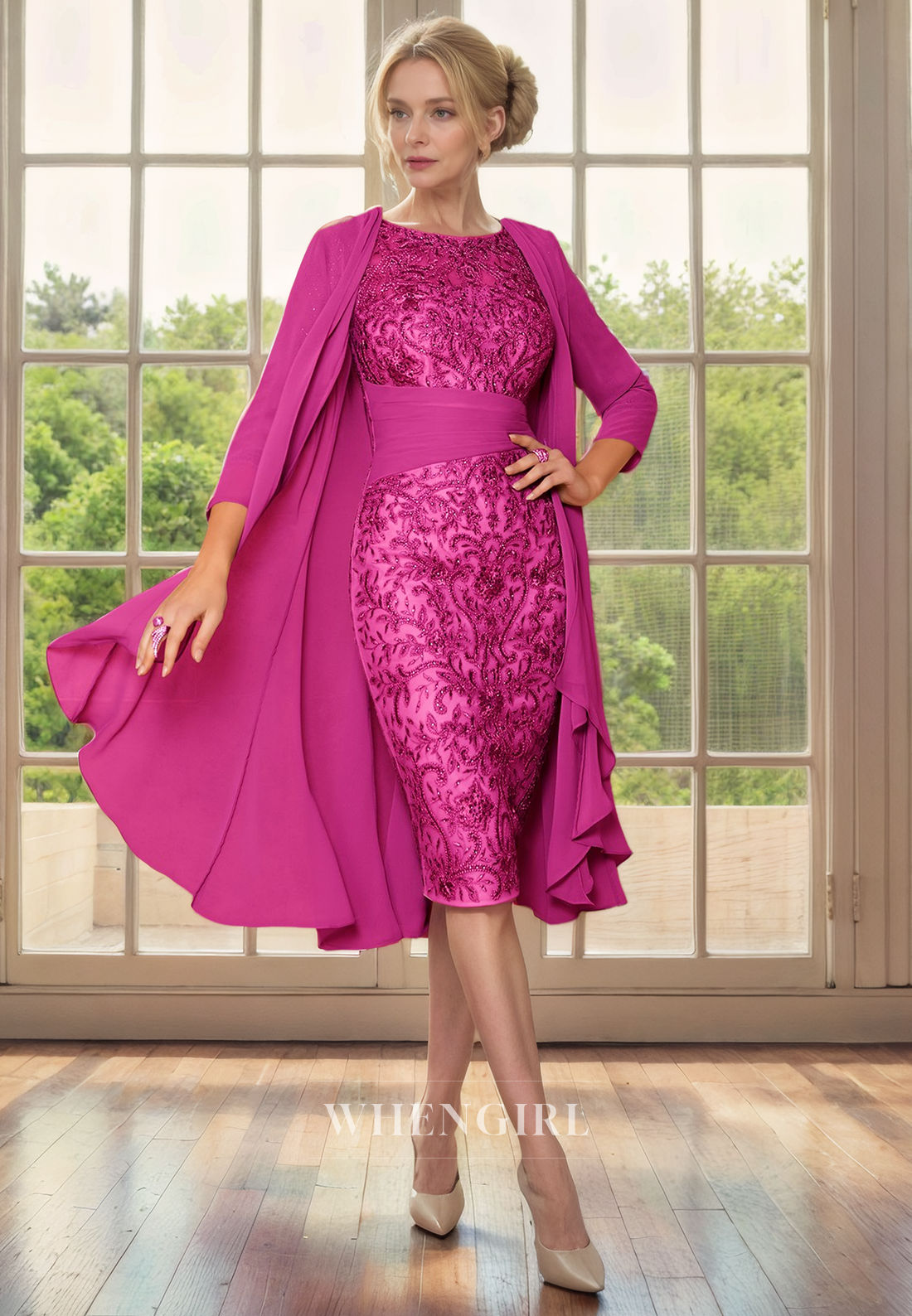 Sheath Scoop Neck 34 Length Sleeves Fully Lace Appliques Ruffles Knee Length Mother of Bride Dress