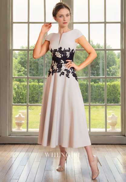 A-Line Two Piece Scoop Neck Cap Sleeves Lace Appliques Tea Length Mother of Bride Dress