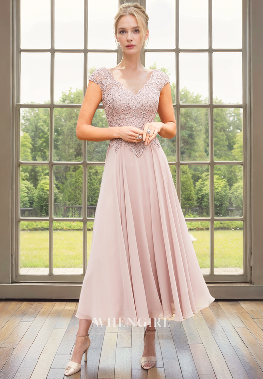 A-Line V Neck Short Cap Sleeves Lace Appliques Tea Length Chiffon Mother of Bride Dress