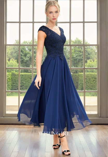 A-Line V Neck Short Cap Sleeves Lace Appliques Tea Length Chiffon Mother of Bride Dress
