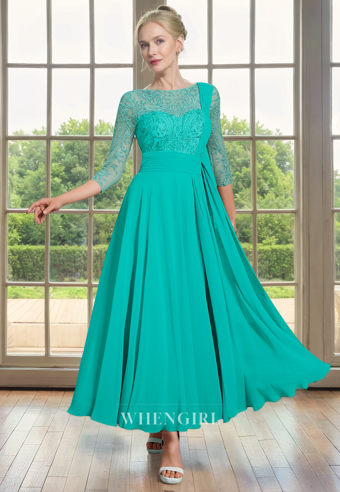 A-Line Scoop Neck 34 Length Sleeves Lace Pleated Chiffon Tea Length Mother of Bride Dress