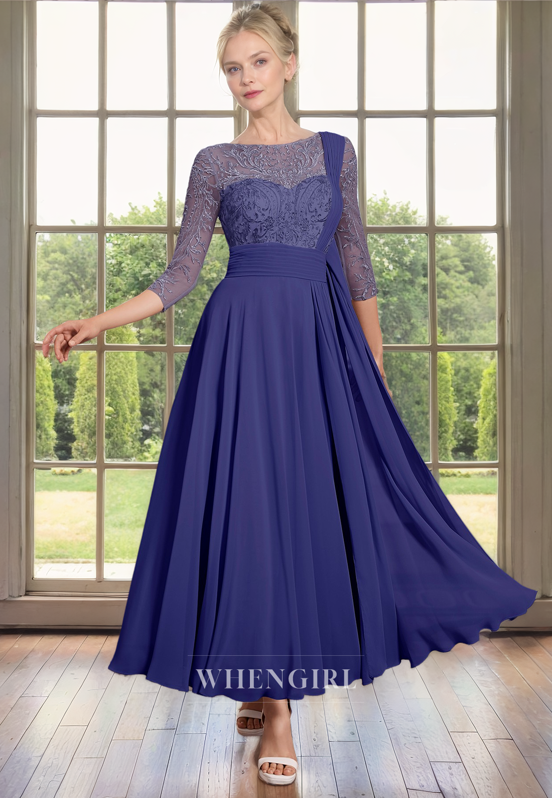 A-Line Scoop Neck 34 Length Sleeves Lace Pleated Chiffon Tea Length Mother of Bride Dress