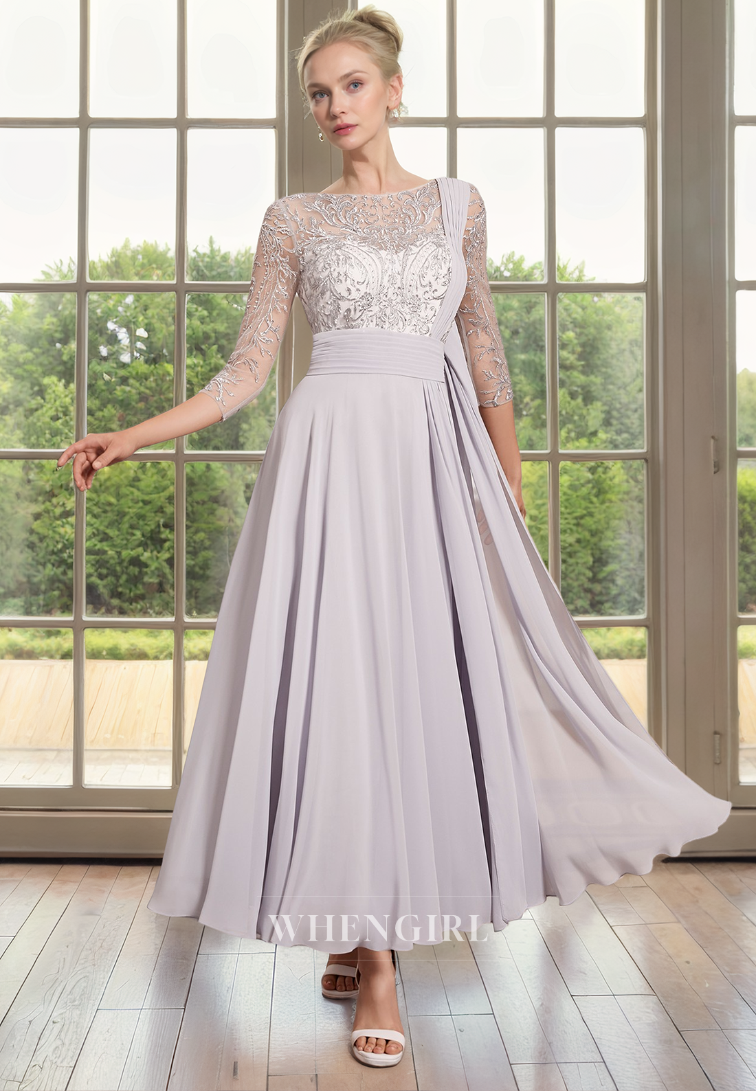 A-Line Scoop Neck 34 Length Sleeves Lace Pleated Chiffon Tea Length Mother of Bride Dress