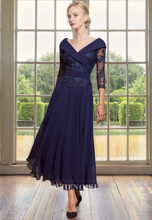 A-Line Off Shoulder 34 Length Sleeves Lace Appliques Chiffon Tea Length Mother of Bride Dress