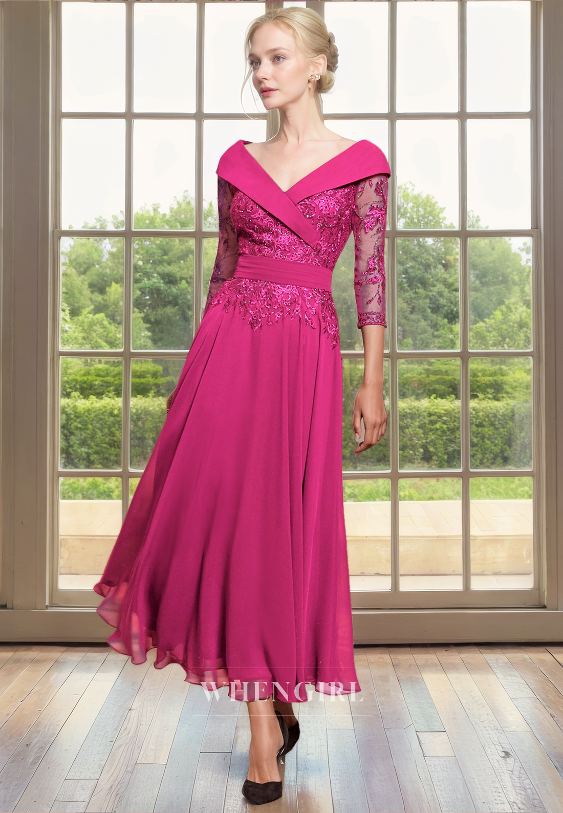A-Line Off Shoulder 34 Length Sleeves Lace Appliques Chiffon Tea Length Mother of Bride Dress