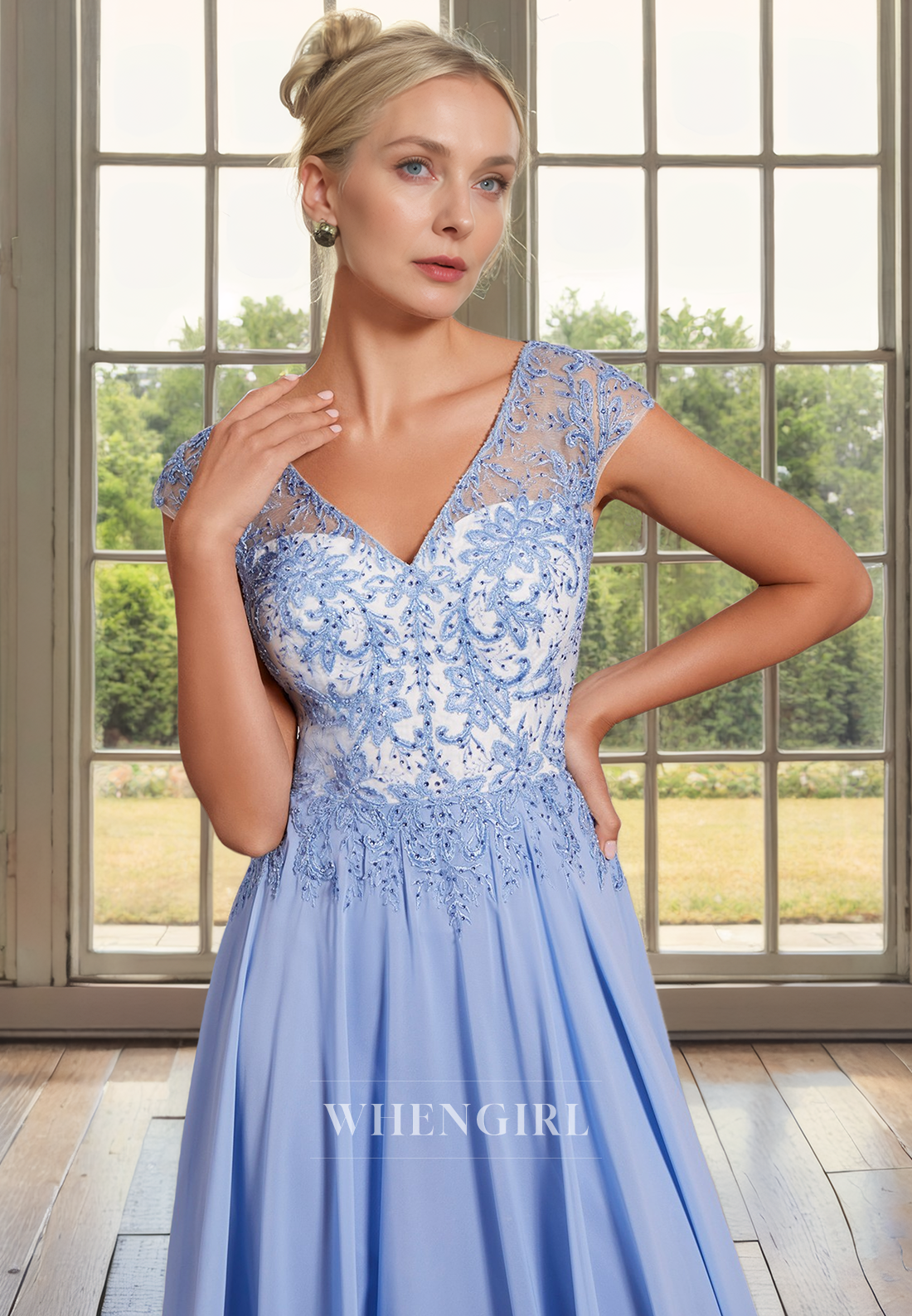 A-Line V Neck Short Cap Sleeves Lace Appliques Tea Length Mother of Bride Dress
