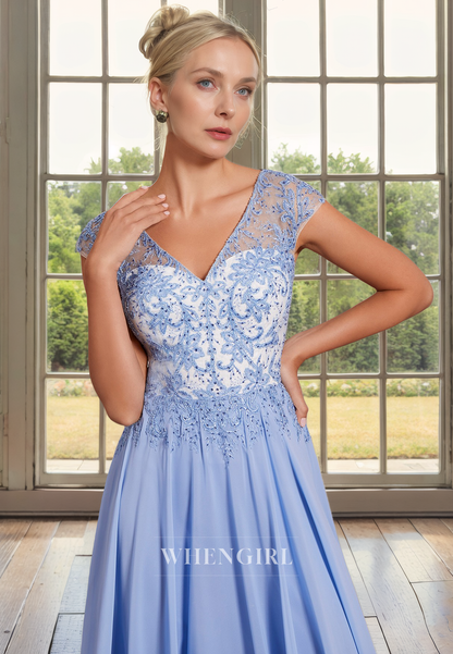 A-Line V Neck Short Cap Sleeves Lace Appliques Tea Length Mother of Bride Dress
