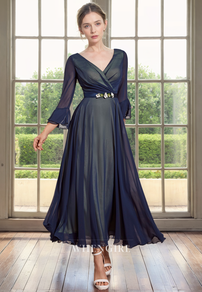 A-Line V Neck34 Length Sleeves Pleated Tea Length Chiffon Mother of Bride Dress with Belt