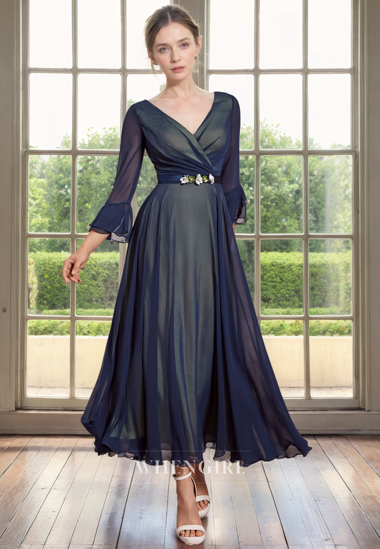 A-Line V Neck34 Length Sleeves Pleated Tea Length Chiffon Mother of Bride Dress with Belt