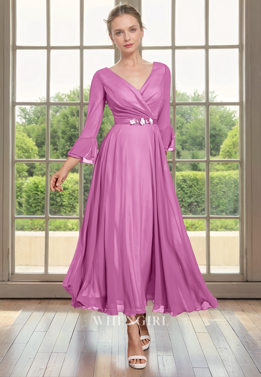 A-Line V Neck34 Length Sleeves Pleated Tea Length Chiffon Mother of Bride Dress with Belt