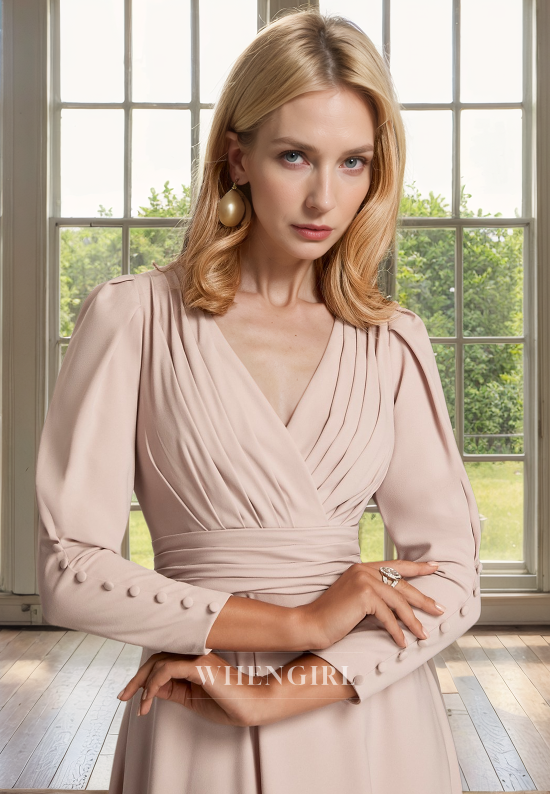 A-Line V Neck Long Sleeves Pleated Tea Length Chiffon Mother of Bride Dress