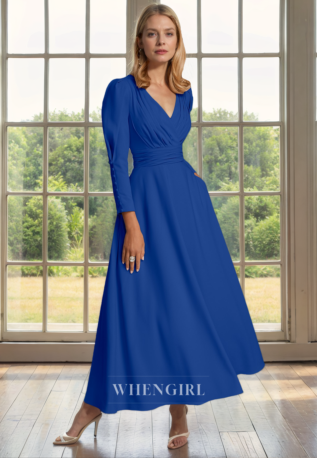 A-Line V Neck Long Sleeves Pleated Tea Length Chiffon Mother of Bride Dress