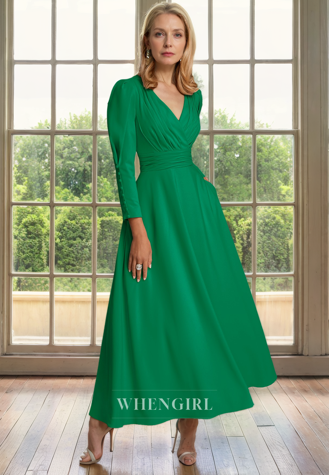 A-Line V Neck Long Sleeves Pleated Tea Length Chiffon Mother of Bride Dress